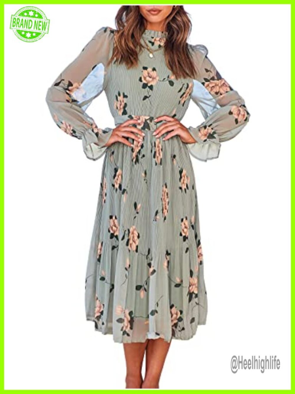 Women Floral Puff Long Sleeve Midi Dress Smocked A-Line Chiffon